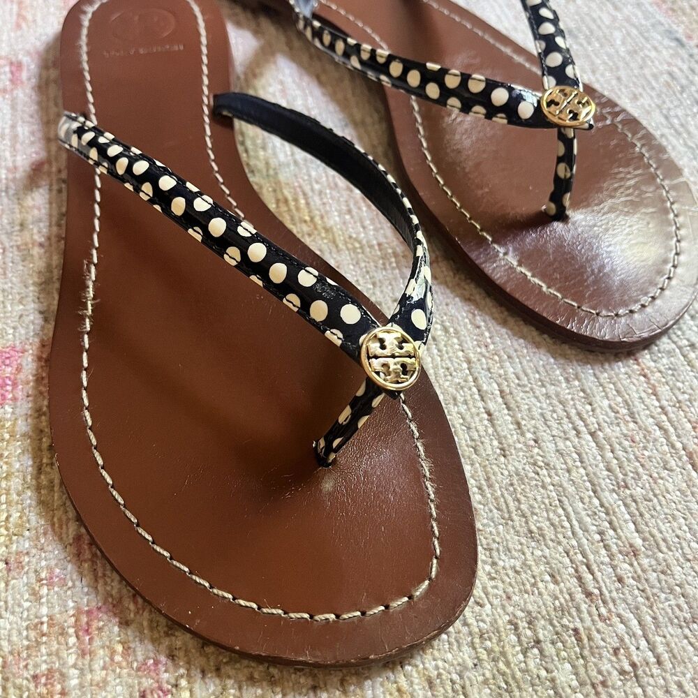 Tory Burch Sz 10 Terra Thong Sandal Nautical Polka Dot Navy Blue White Leather